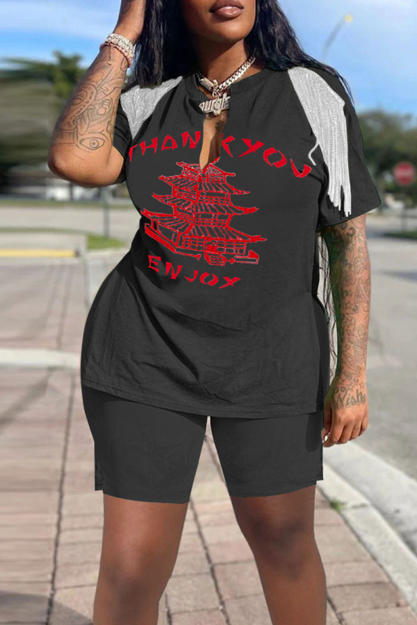 Black Casual Street Print Tassel Patchwork V Neck Short Sleeve Two Pieces