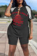 Black Casual Street Print Tassel Patchwork V Neck Short Sleeve Two Pieces