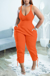 Tangerine Red Sexy Solid Split Joint Spaghetti Strap Regular Jumpsuits