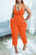 Tangerine Red Sexy Solid Patchwork Spaghetti Strap Regular Jumpsuits