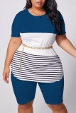 Grey Fashion Casual adult Ma'am O Neck Striped Patchwork Two Piece Suits Stitching Plus Size