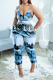 Blue Sexy Print Patchwork Spaghetti Strap Sleeveless Two Pieces