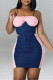 Dark Blue Fashion Sexy Plaid Patchwork Backless Asymmetrical Spaghetti Strap Sleeveless Two Pieces