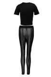 Black Sexy Solid Patchwork See-through O Neck Short Sleeve Two Pieces