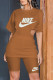 Brown Fashion Casual Print Hollowed Out O Neck Short Sleeve Two Pieces
