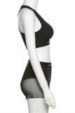 Black Fashion Casual Letter Print Patchwork See-through U Neck Sleeveless Two Pieces