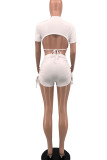 White Sexy Solid Split Joint Backless O Neck Short Sleeve Two Pieces