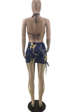 Gold Sexy Print Split Joint Halter Sleeveless Two Pieces
