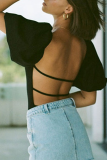 Black Sexy Solid Backless Square Collar T-Shirts