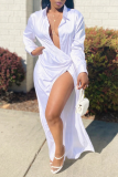 White Sexy Solid Patchwork Turndown Collar Shirt Dress Dresses