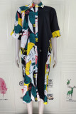 Multicolor Fashion Casual Print Patchwork Turndown Collar Shirt Dress