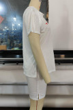 White Casual Street Print Tassel Patchwork V Neck Short Sleeve Two Pieces