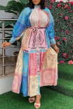 Blue Fashion Casual Print Patchwork Mandarin Collar Shirt Dress