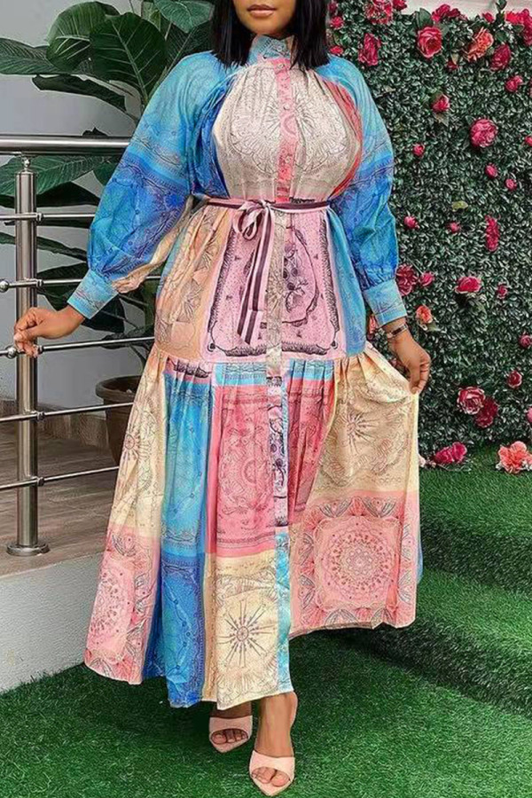 Blue Fashion Casual Print Patchwork Mandarin Collar Shirt Dress