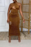 Dark Brown Sexy Solid Fold Halter Sleeveless Two Pieces