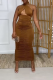 Dark Brown Sexy Solid Fold Halter Sleeveless Two Pieces