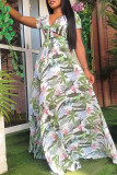 Multicolor Fashion Casual Print Bandage Hollowed Out V Neck Short Sleeve Dress
