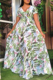 Multicolor Fashion Casual Print Bandage Hollowed Out V Neck Short Sleeve Dress