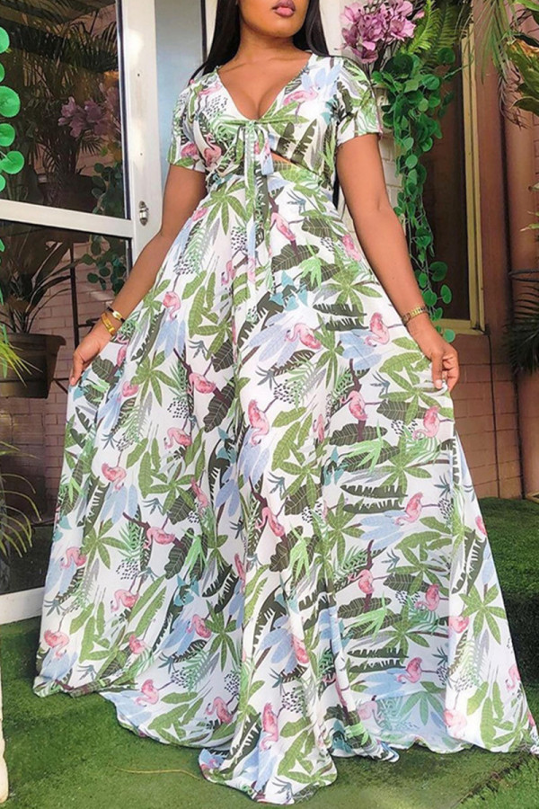 Multicolor Fashion Casual Print Bandage Hollowed Out V Neck Short Sleeve Dress