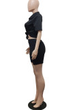 Red Casual Solid Patchwork Buckle Turndown Collar Short Sleeve Two Pieces