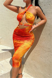 Orange Fashion Sexy Print Bandage Hollowed Out Backless Halter Strapless Dress