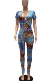 Pink Casual Print Patchwork V Neck Regular Jumpsuits