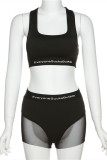 Black Fashion Casual Letter Print Patchwork See-through U Neck Sleeveless Two Pieces