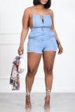 Blue Sexy Solid Patchwork Spaghetti Strap Skinny Rompers