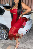 Red Fashion Sexy Solid Tassel Hollowed Out Backless Spaghetti Strap Sleeveless Dress
