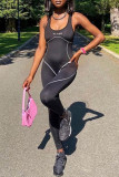 Black Fashion Casual Sportswear Letter Print Patchwork U Neck Skinny Jumpsuits