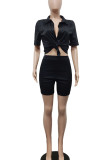Red Casual Solid Patchwork Buckle Turndown Collar Short Sleeve Two Pieces