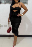 Red Fashion Sexy Solid Tassel Hollowed Out Backless Spaghetti Strap Sleeveless Dress