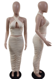 Apricot Sexy Solid Fold Halter Sleeveless Two Pieces