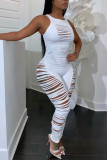 White Sexy Solid Hollowed Out Patchwork U Neck Skinny Jumpsuits