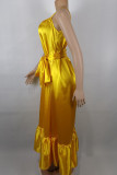 Yellow Elegant Solid Patchwork Spaghetti Strap A Line Dresses