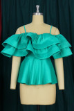 Green Casual Solid Patchwork Flounce Spaghetti Strap T-Shirts