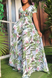 Multicolor Fashion Casual Print Bandage Hollowed Out V Neck Short Sleeve Dress