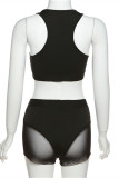 Black Fashion Casual Letter Print Patchwork See-through U Neck Sleeveless Two Pieces