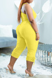 Yellow Sexy Solid Split Joint V Neck Two Pieces