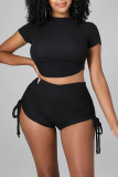 Black Sexy Solid Patchwork Backless O Neck Short Sleeve Two Pieces