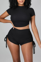 Black Sexy Solid Split Joint Backless O Neck Short Sleeve Two Pieces
