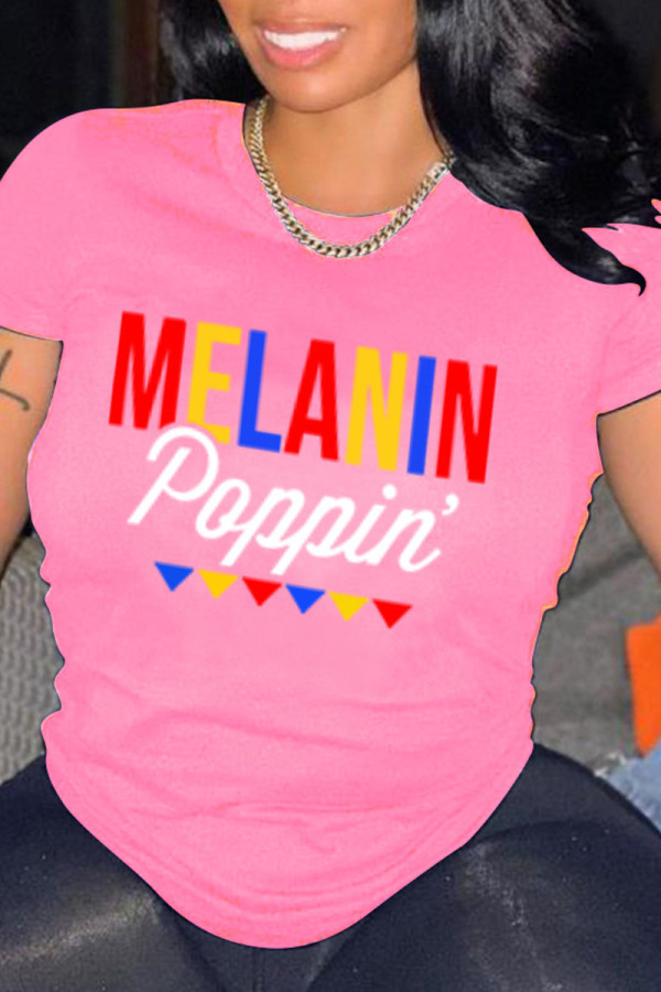 Pink Fashion Casual Letter Print Basic O Neck T-Shirts