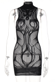 Black Sexy Solid Mesh Half A Turtleneck Pencil Skirt Dresses