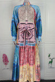 Blue Fashion Casual Print Patchwork Mandarin Collar Shirt Dress