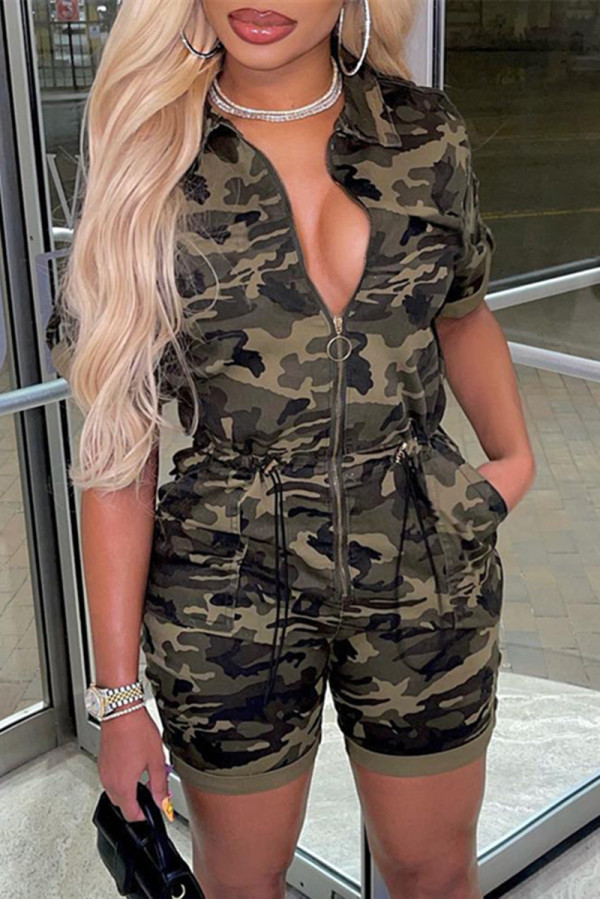 Army Green Fashion Casual Camouflage Print Patchwork Zipper Collar Regular Romper
