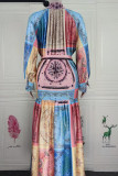 Blue Fashion Casual Print Patchwork Mandarin Collar Shirt Dress