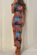 Orange Sexy Print Patchwork O Neck Straight Dresses