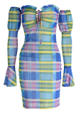 Yellow Sexy Plaid Split Joint Off the Shoulder Pencil Skirt Dresses