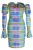 Yellow Sexy Plaid Split Joint Off the Shoulder Pencil Skirt Dresses