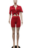 Red Casual Solid Patchwork Buckle Turndown Collar Short Sleeve Two Pieces